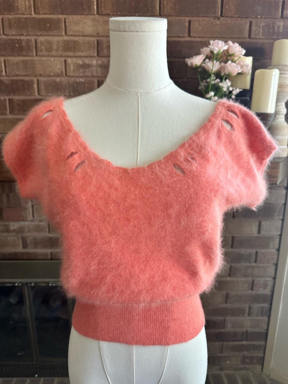 Luisa Spagnoli Vintage Italian Angora Knit Sweater Coral Pink Cutout Rare Chic